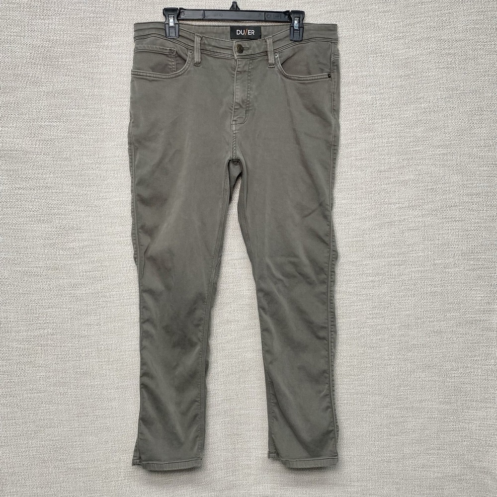 DU/ER N2X Relaxed Taper Pants 34x30 5-Pocket Stretch Gray Green MFNR1002